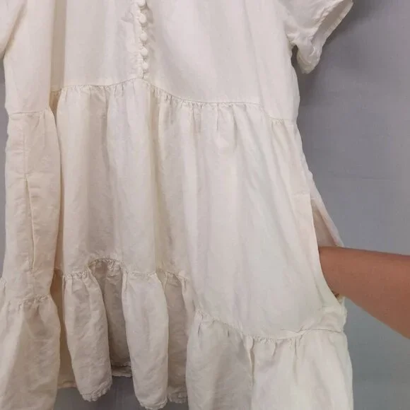 Madewell Tiered Mini Dress Linen Blend Pockets Ivory Size Large Boho Babydoll - Picture 3 of 13